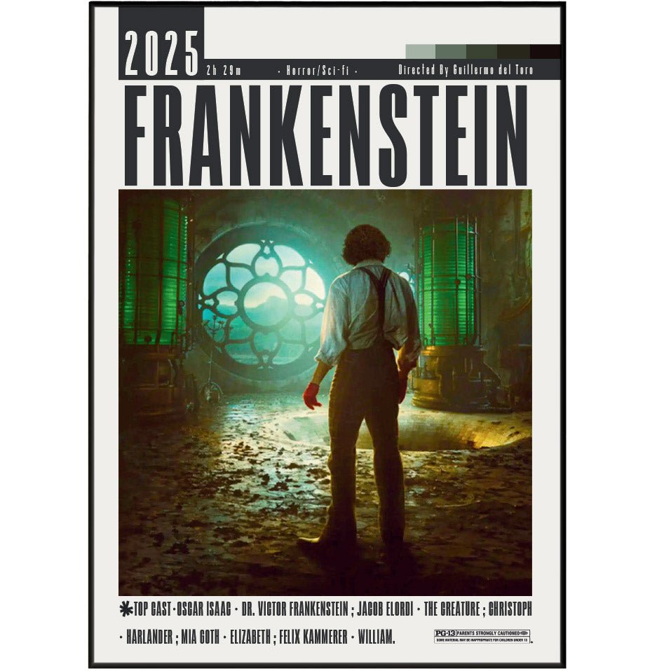 Frankenstein 2025 horror film poster — Guillermo del Toro Oscar Isaac Mia Goth wall art print UK