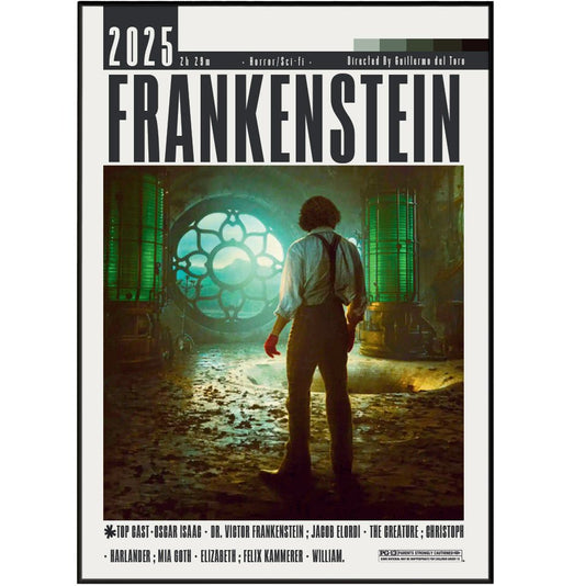 Frankenstein 2025 horror film poster — Guillermo del Toro Oscar Isaac Mia Goth wall art print UK