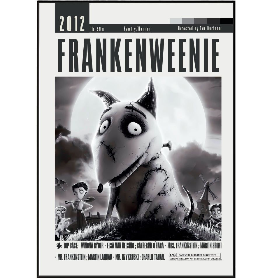 Frankenweenie 2012 animated horror film poster — Tim Burton Victor Sparky stop-motion dog wall art print UK
