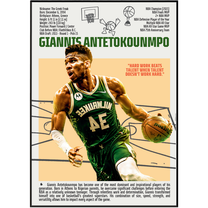 Giannis Antetokounmpo Greek Freak basketball poster — Milwaukee Bucks 2021 champion wall art print UK