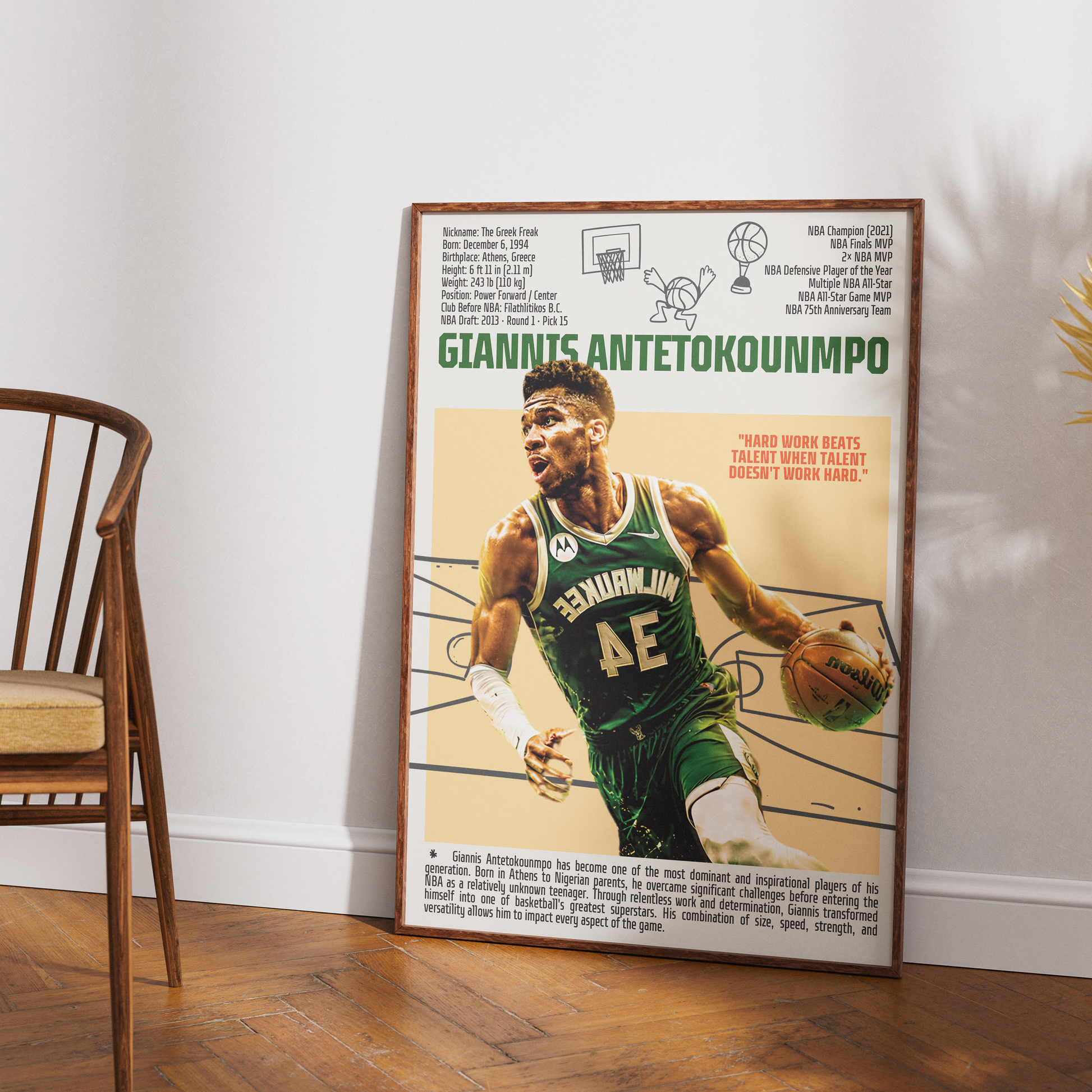 Giannis Antetokounmpo Greek Freak basketball poster — Milwaukee Bucks 2021 champion wall art print UK