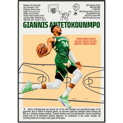 Giannis Antetokounmpo Greek Freak basketball poster — Milwaukee Bucks 2021 champion wall art print UK