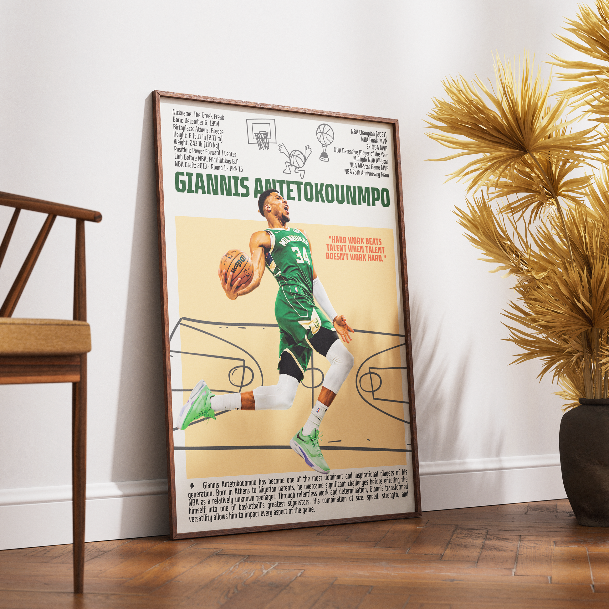 Giannis Antetokounmpo Greek Freak basketball poster — Milwaukee Bucks 2021 champion wall art print UK