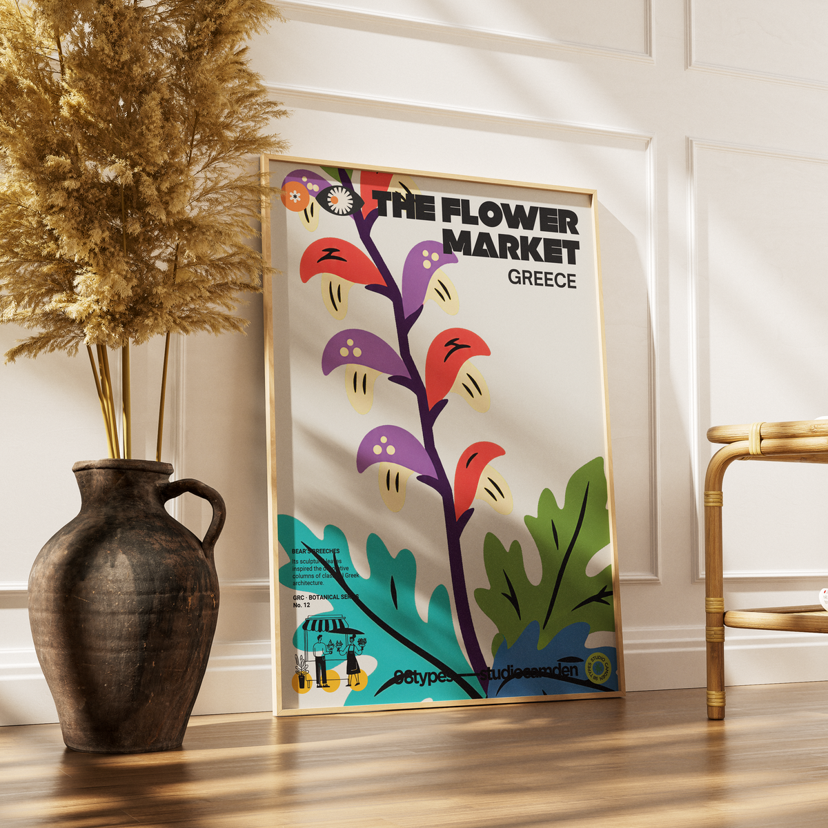 The Flower Market Greece Bears Breeches Acanthus botanical poster print UK — ancient Greek symbol graphic wall art 260gsm printed in England Camden Market