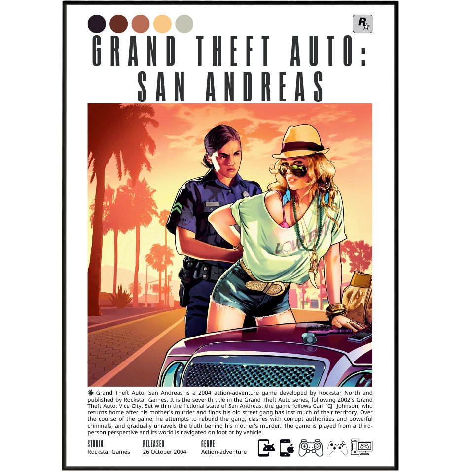 GTA San Andreas 2004 game poster — Rockstar Carl Johnson CJ Los Santos open world wall art print UK
 - 98types