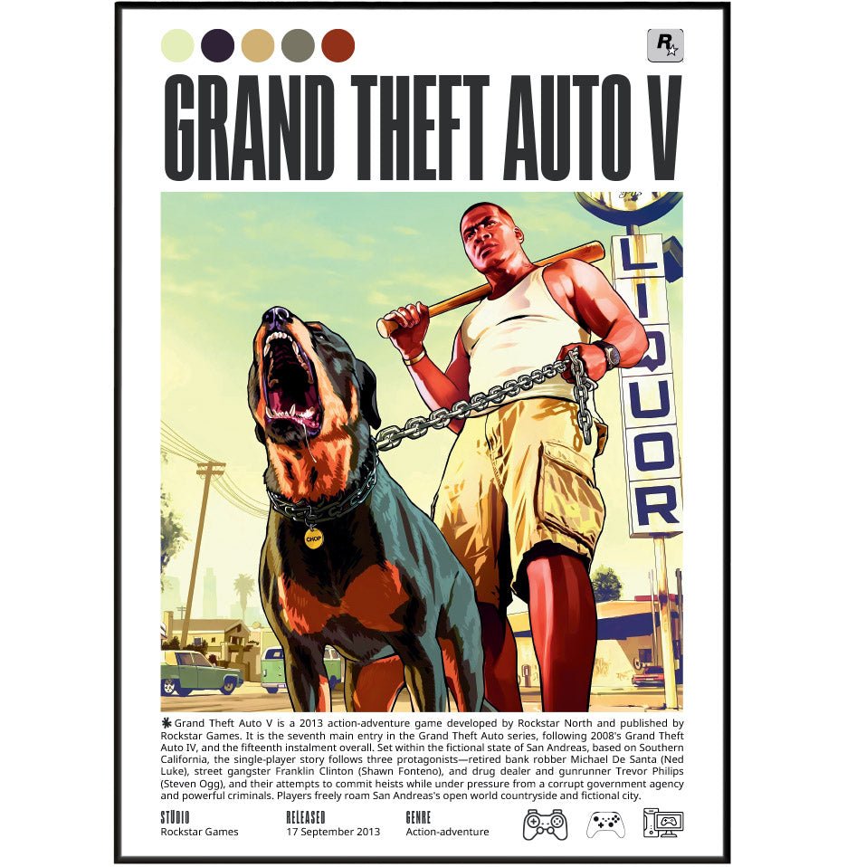 GTA V 2013 game poster — Rockstar Michael Trevor Franklin Los Santos heist wall art print UK
 - 98types
