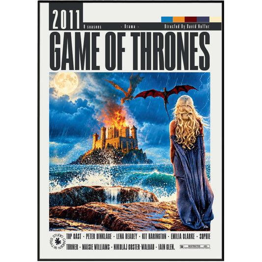 A Game of Thrones 2011 poster print featuring a dramatic illustration of a dragon flying over a burning castle on a rocky island, with a woman in a blue cloak standing on the shore in the foreground. The title 'GAME OF THRONES' is printed prominently at the top, with the year '2011' and production credits at the bottom.
