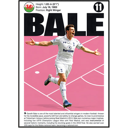 A vertically oriented football player poster for Gareth Bale, featuring a large action photo of him in a white Tottenham jersey on a pink field, with text blocks at the top and bottom detailing his height, birth date, position, and career highlights.