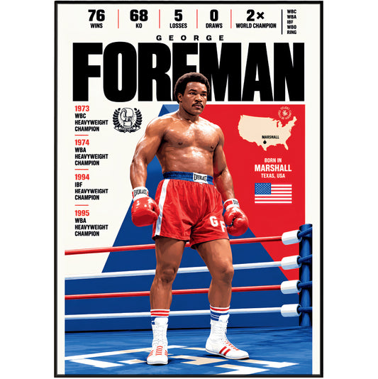 George Foreman poster, American boxing wall art print in a boxing gym - 98types