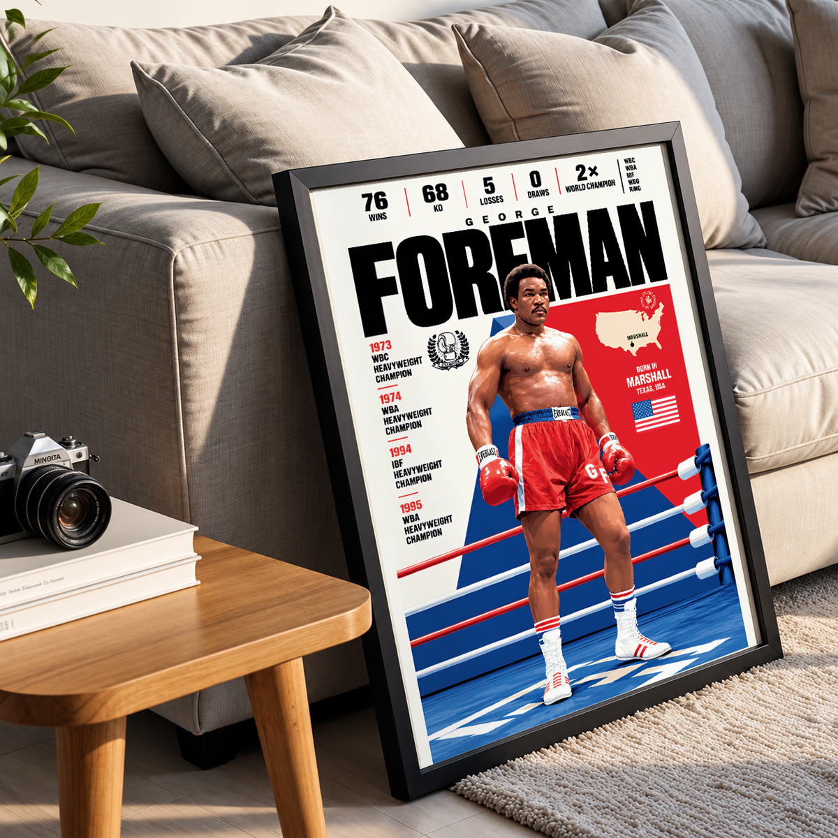 George Foreman poster, American boxing wall art print in a boxing gym - 98types