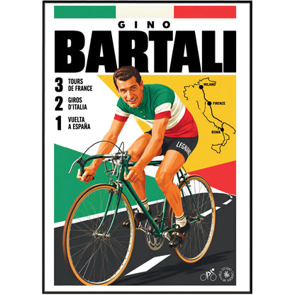 Vintage-style cycling poster featuring cyclist Gino Bartali riding a green road bike. The design uses bold black text, a map of Italy, and large blocks of green, white, red, and yellow.