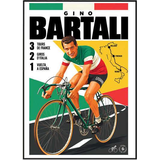 Vintage-style cycling poster featuring cyclist Gino Bartali riding a green road bike. The design uses bold black text, a map of Italy, and large blocks of green, white, red, and yellow.
