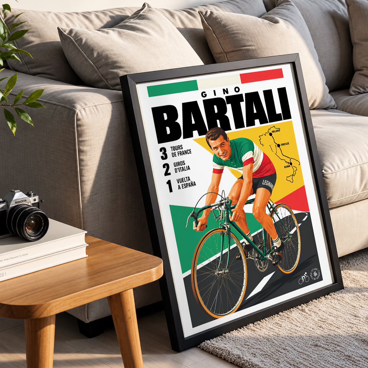 Gino Bartali poster, Italian cycling wall art print in a pain cave - 98types
