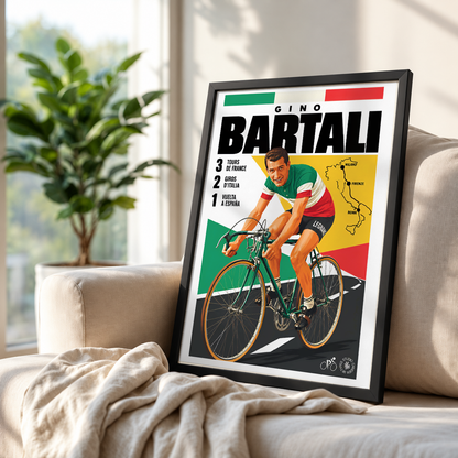 Gino Bartali poster, Italian cycling wall art print in a pain cave - 98types