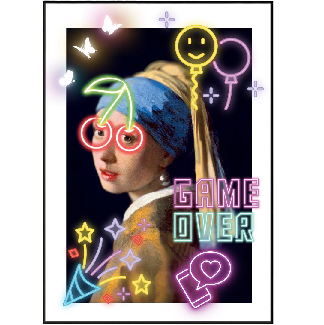 Girl with a Pearl Earring neon art poster — Vermeer masterpiece bold neon pop art wall decoration UK
 - 98types