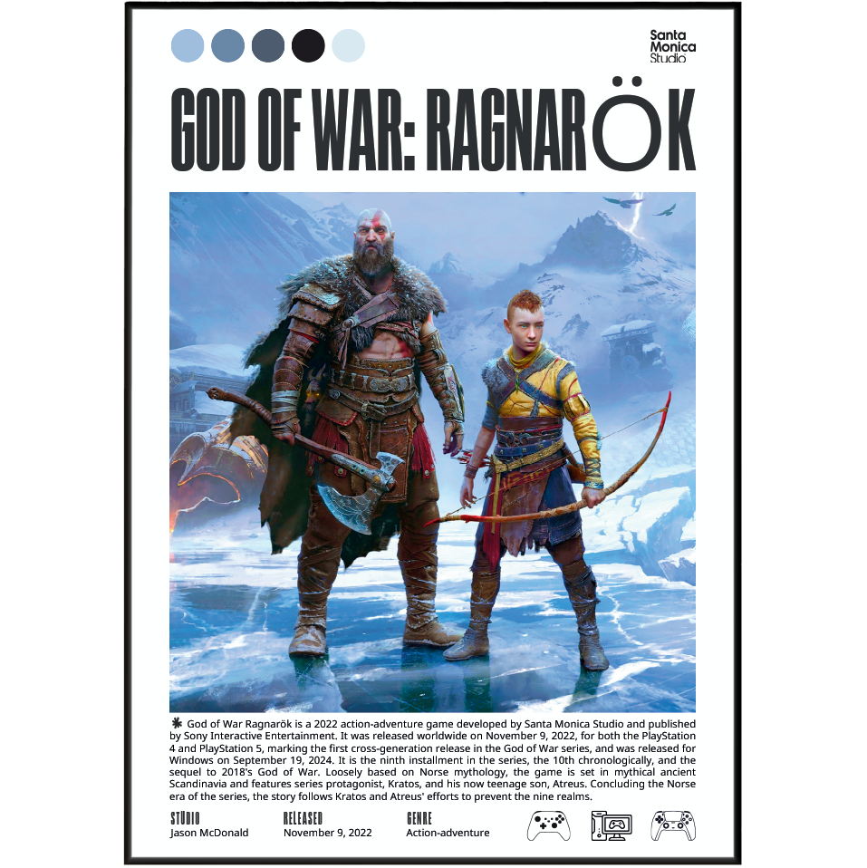 A Santa Monica Studio poster for the video game God of War: Ragnarök, featuring illustrated cover art of Kratos and Atreus in a snowy mountain setting, with the game title at the top and release information at the bottom.