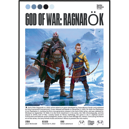 A Santa Monica Studio poster for the video game God of War: Ragnarök, featuring illustrated cover art of Kratos and Atreus in a snowy mountain setting, with the game title at the top and release information at the bottom.
