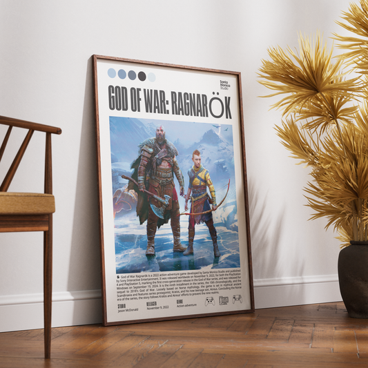 A framed 'God of War: Ragnarök' poster leaning against a white wall on a wooden floor, styled in a room with a wooden chair on the left and a potted plant on the right.