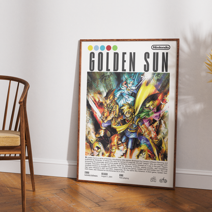 A framed Nintendo Golden Sun video game poster leaning against a white wall on a wooden floor, next to a wooden chair.