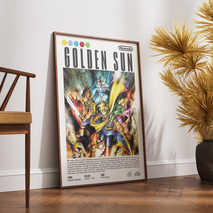 A framed Golden Sun video game poster leaning against a white wall on a wooden floor, with a wooden chair on the left and a potted palm on the right.