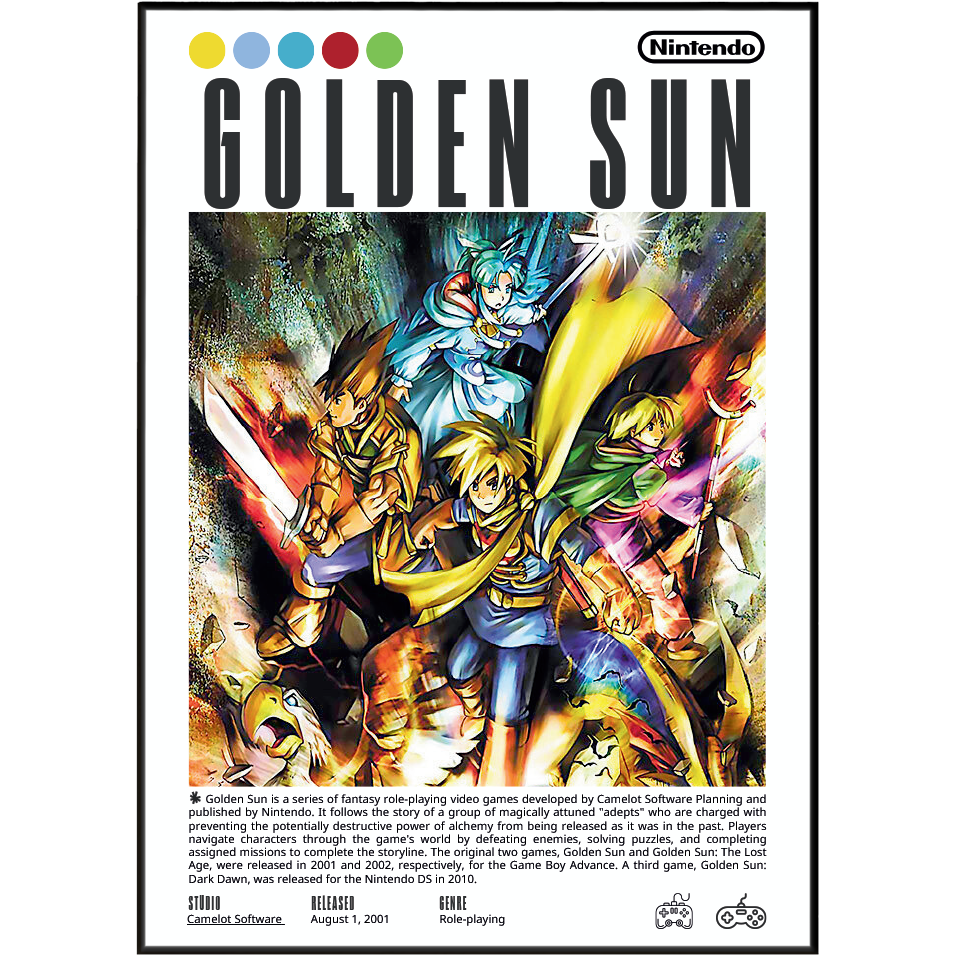 Nintendo Golden Sun game poster featuring colorful retro game art with the title 'GOLDEN SUN' at the top, Nintendo logo, and game metadata at the bottom.