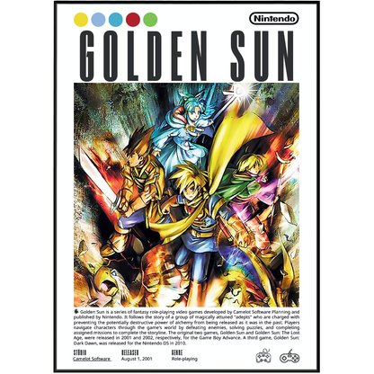 Nintendo Golden Sun game poster featuring colorful retro game art with the title 'GOLDEN SUN' at the top, Nintendo logo, and game metadata at the bottom.