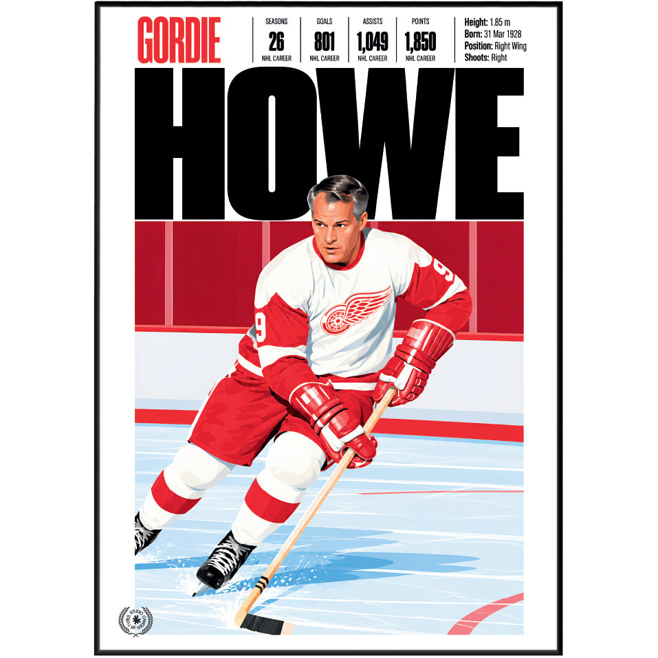 Gordie Howe poster, Detroit Red Wings NHL ice hockey wall art print in a sports bar - 98types