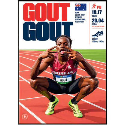 A framed poster featuring athlete Gout on a running track, with large red and navy text reading 'GOUT' at the top and biographical details on the right side.