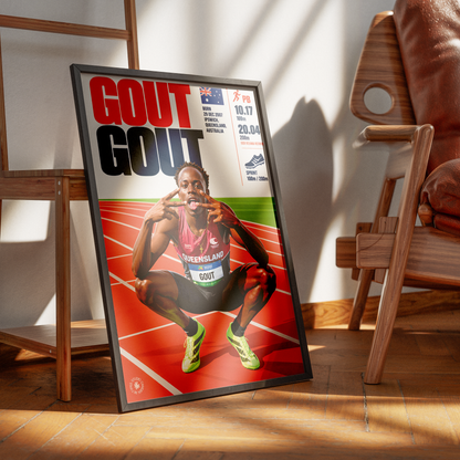 A framed sports poster of Usain Bolt leaning against a wooden chair in a modern room with warm sunlight and shadows.