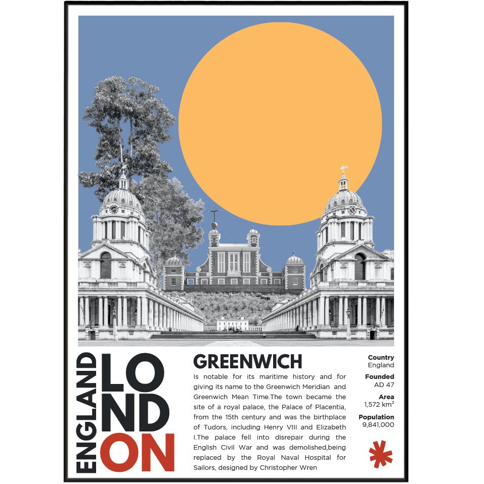 Greenwich illustration poster — Royal Observatory Meridian Line maritime heritage London wall art print UK
