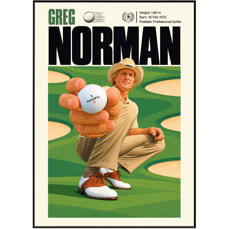 Greg Norman poster, Australian golf wall art print in a living room - 98types