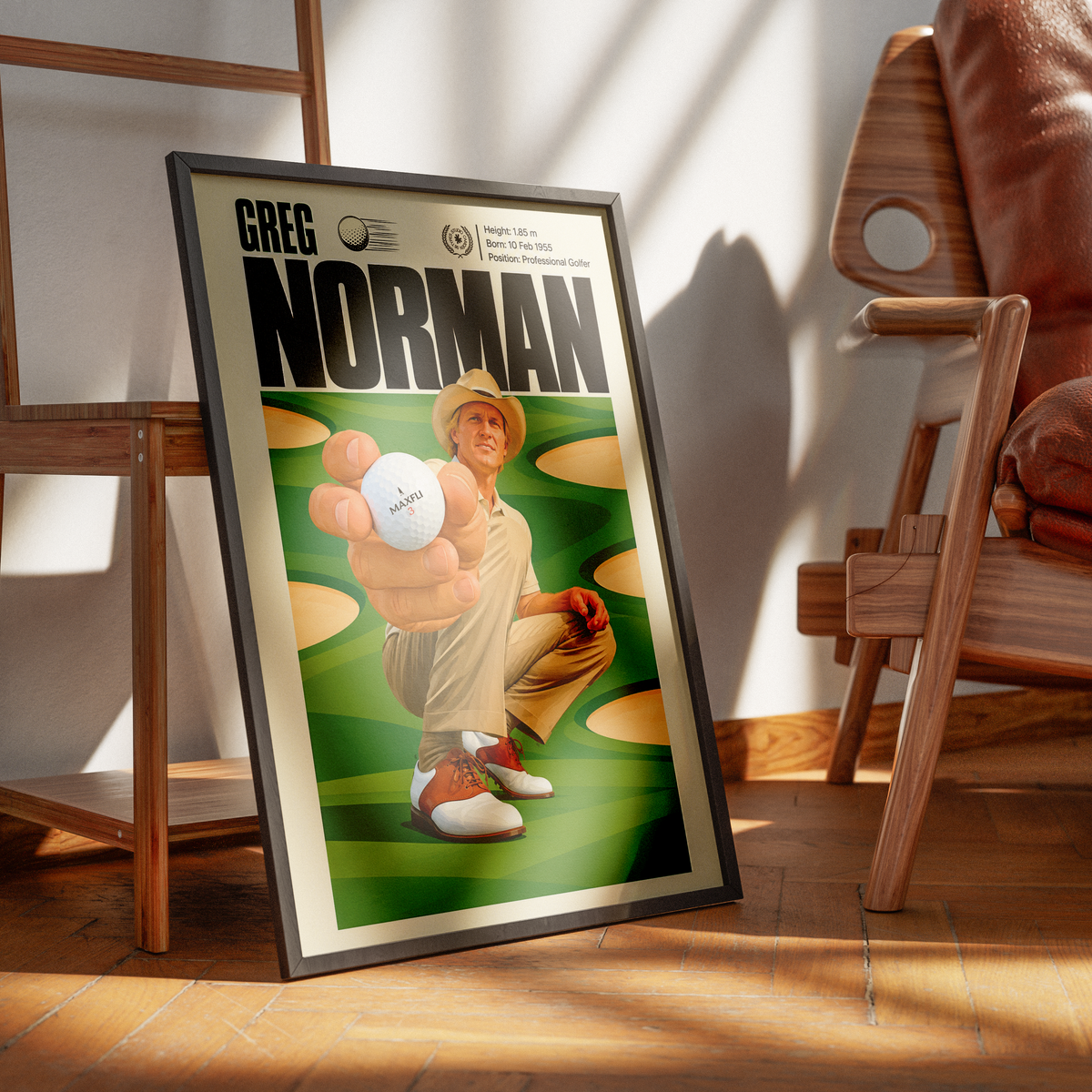 Greg Norman poster, Australian golf wall art print in a living room - 98types