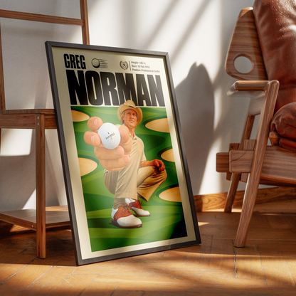 Greg Norman poster, Australian golf wall art print in a living room - 98types
