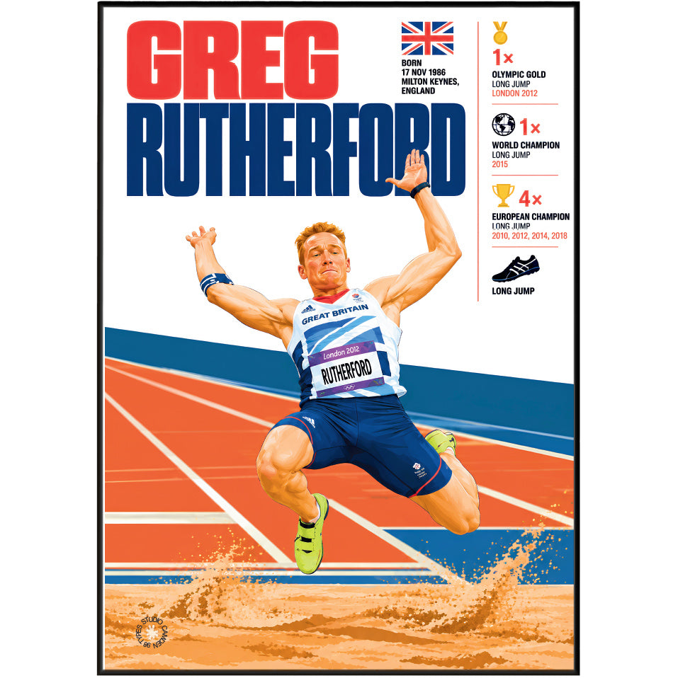 A poster-style graphic featuring athlete Greg Rutherford mid-jump on an athletics track, with large red and blue text reading 'GREG RUTHERFORD' and achievement callouts in the upper right.