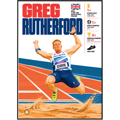 A poster-style graphic featuring athlete Greg Rutherford mid-jump on an athletics track, with large red and blue text reading 'GREG RUTHERFORD' and achievement callouts in the upper right.