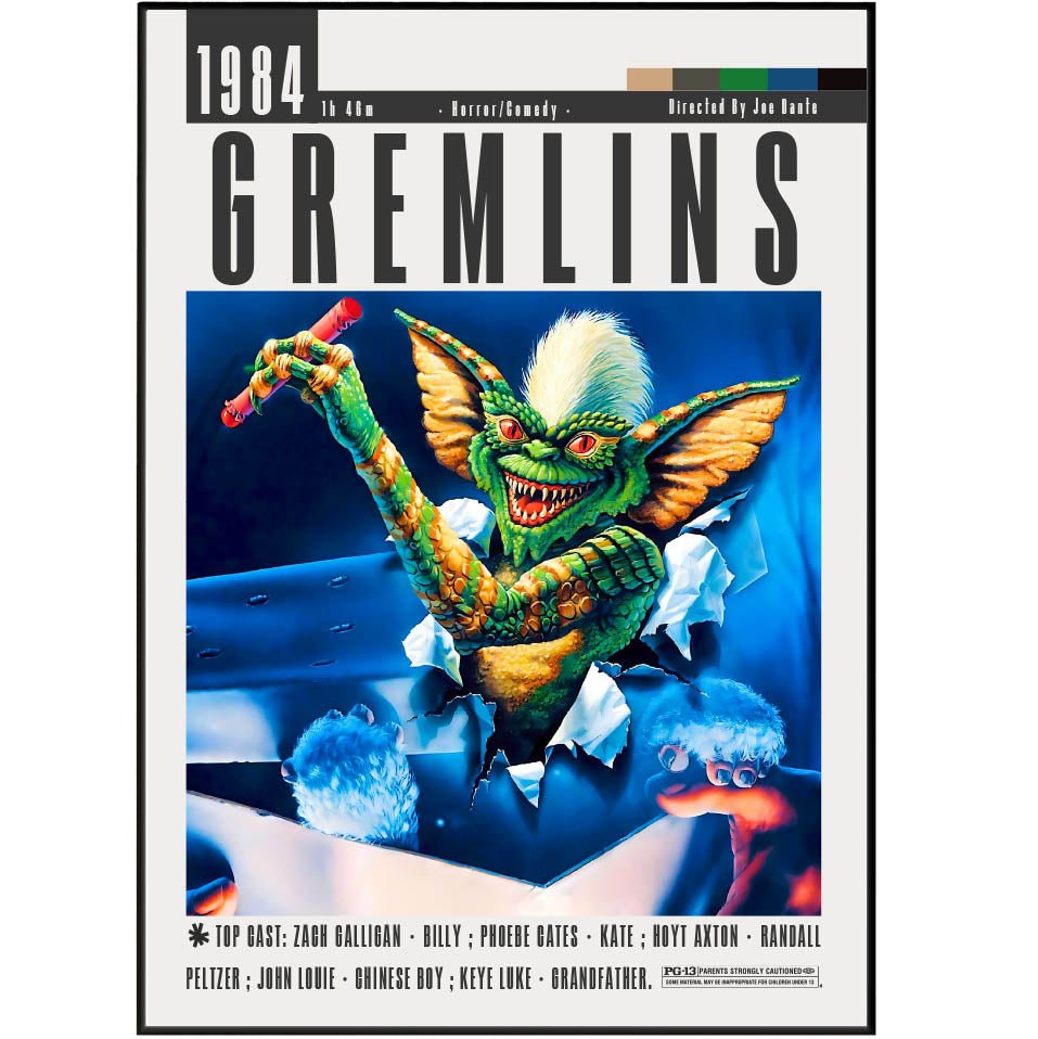 Gremlins 1984 horror comedy film poster — Joe Dante Gizmo Stripe Mogwai Christmas rules wall art print UK
