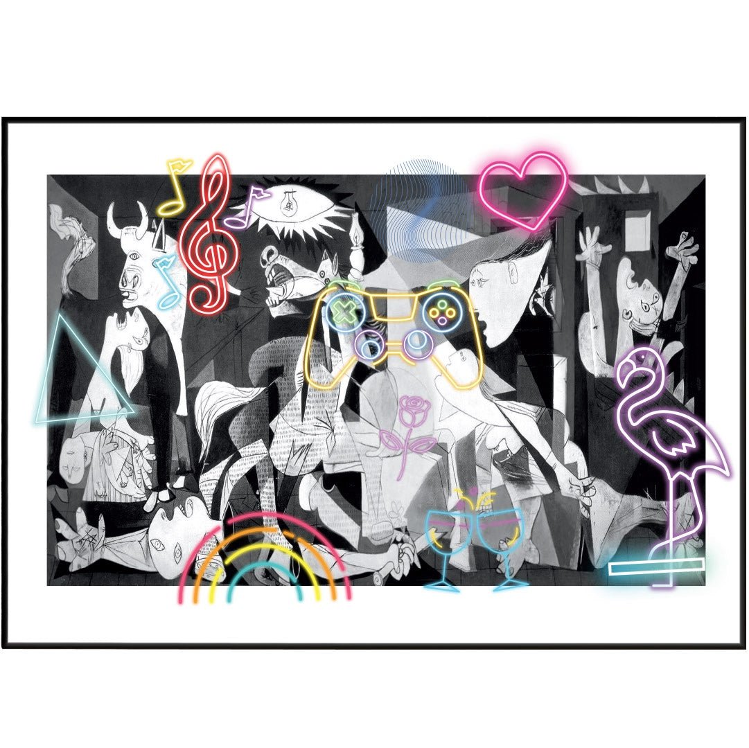 Guernica neon art poster — Picasso 1937 anti-war masterpiece neon pop art wall decoration UK
