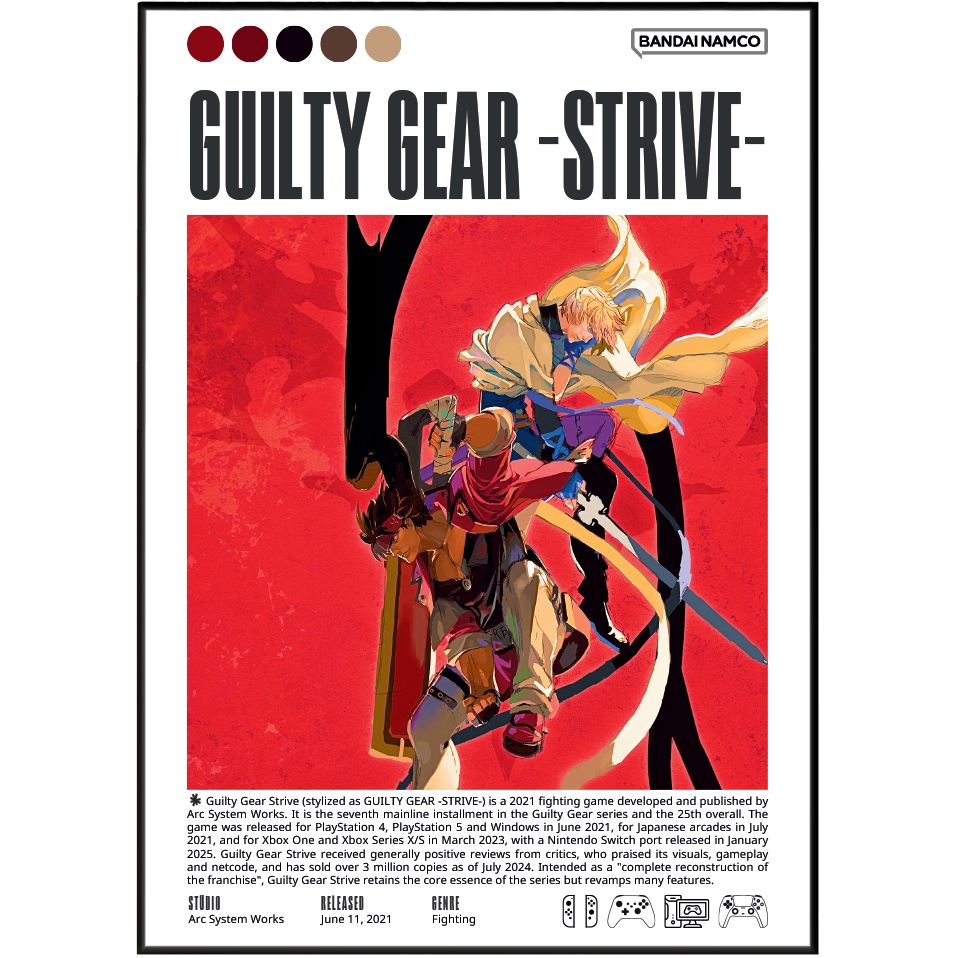 Front cover of the Bandai Namco Guilty Gear - Strive - board game, featuring a bold red illustrated background with characters from the game and text including the title and publisher branding.