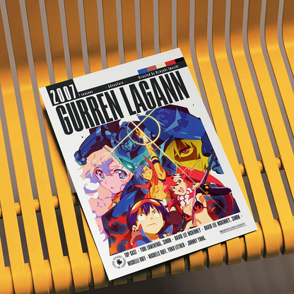 A 2007 Gurren Lagann magazine or book cover lies diagonally on a yellow slatted metal bench. The cover features colorful anime artwork with the title 'GURREN LAGANN' in large black letters and issue details at the top.