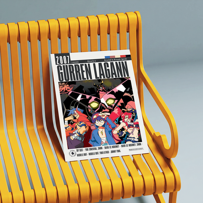 A 2007 Gurren Lagann comic book magazine resting on a yellow slatted bench against a gray studio background.
