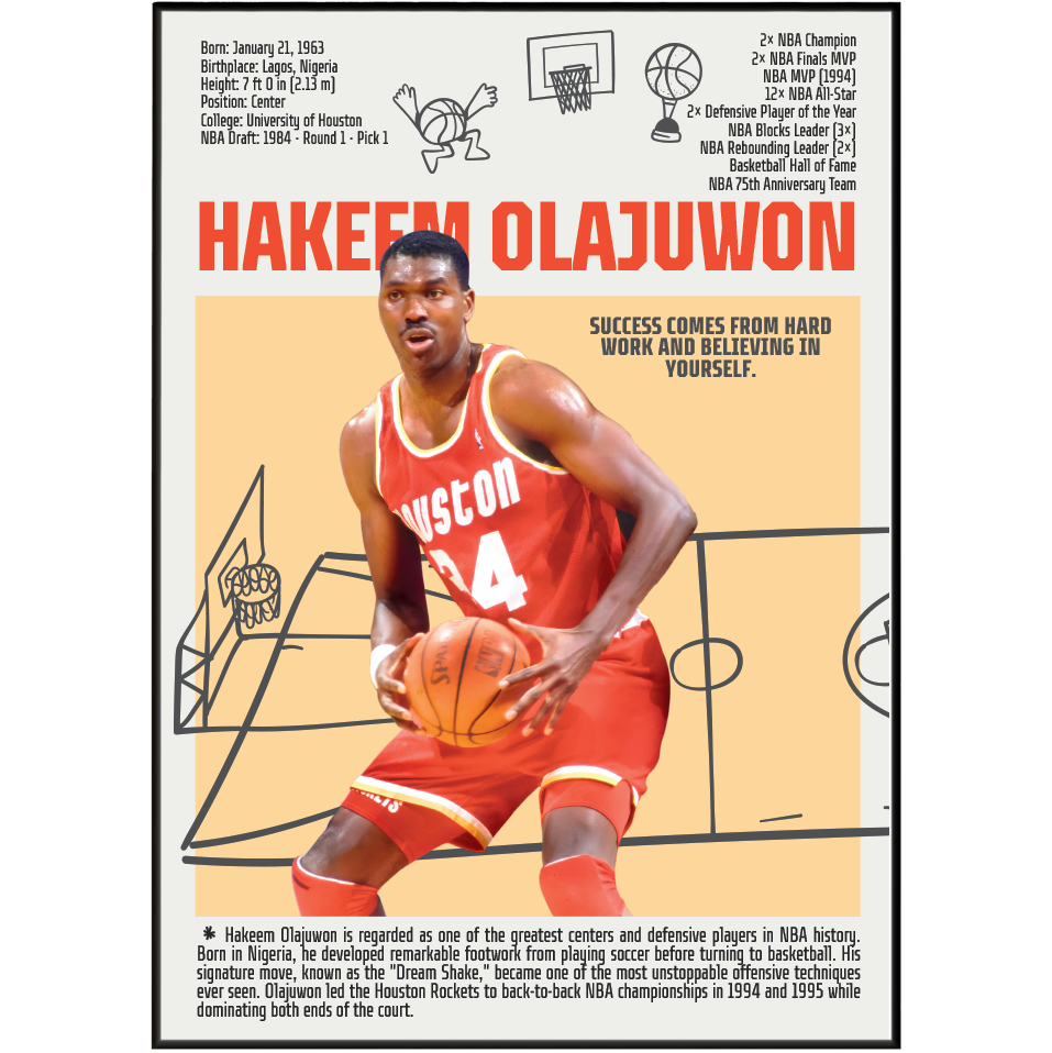 Hakeem Olajuwon basketball poster — Houston Rockets Dream Shake Nigerian legend minimalist wall art print UK
