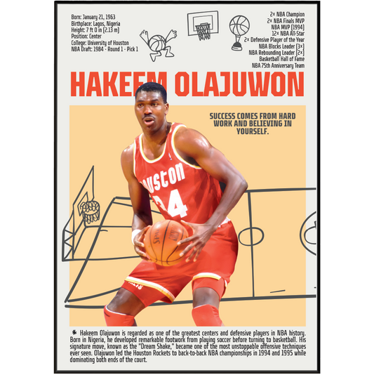 Hakeem Olajuwon basketball poster — Houston Rockets Dream Shake Nigerian legend minimalist wall art print UK