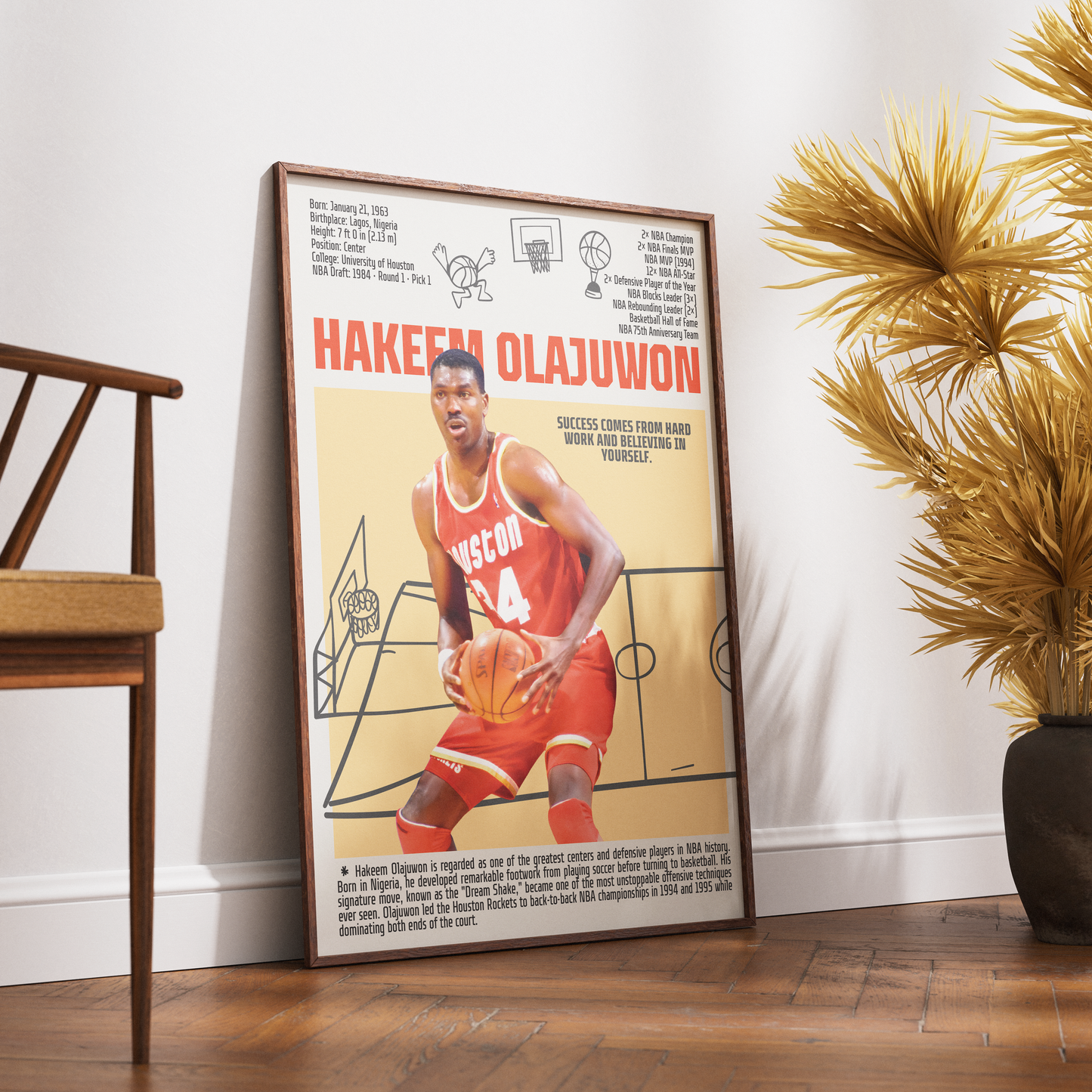 Hakeem Olajuwon basketball poster — Houston Rockets Dream Shake Nigerian legend minimalist wall art print UK