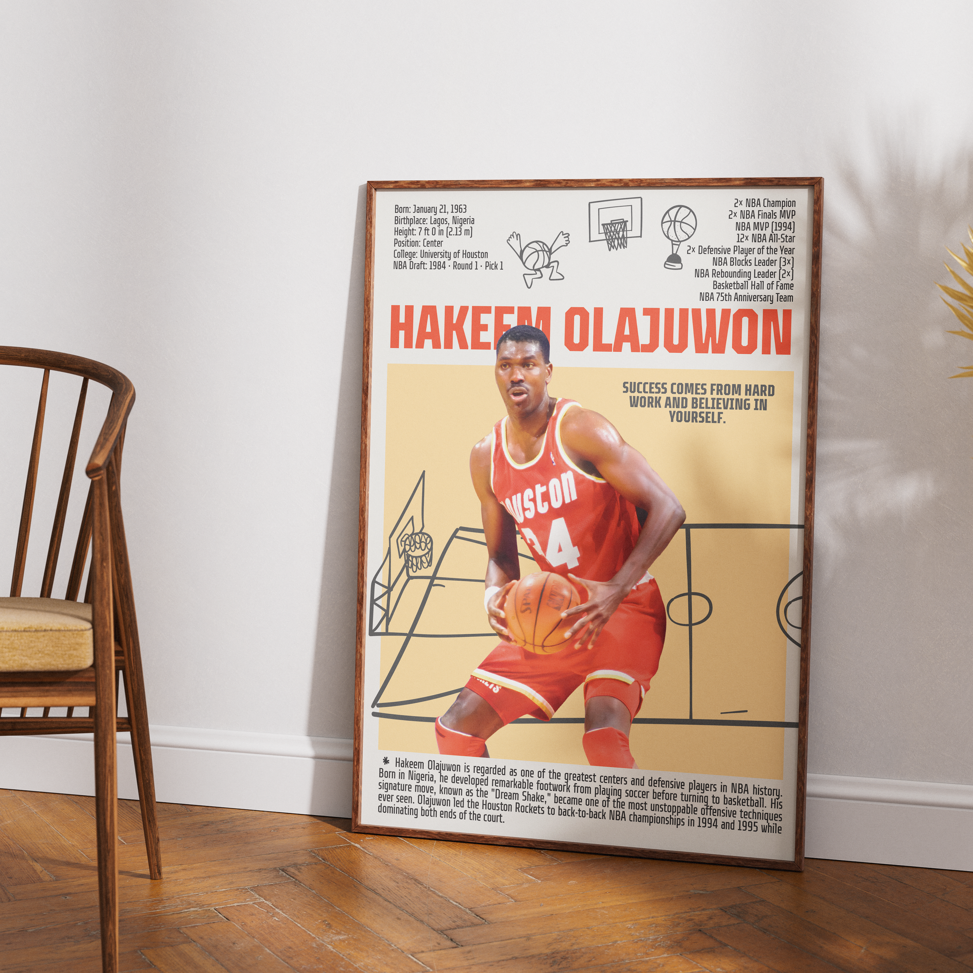Hakeem Olajuwon basketball poster — Houston Rockets Dream Shake Nigerian legend minimalist wall art print UK