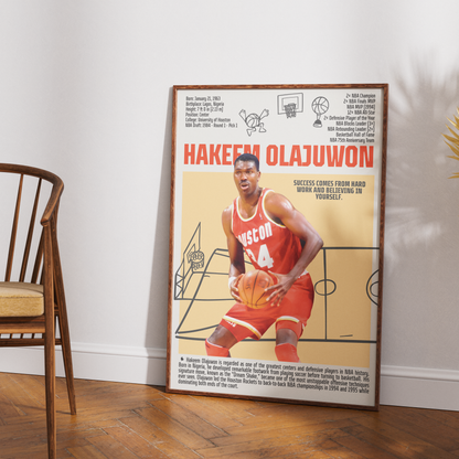 Hakeem Olajuwon basketball poster — Houston Rockets Dream Shake Nigerian legend minimalist wall art print UK