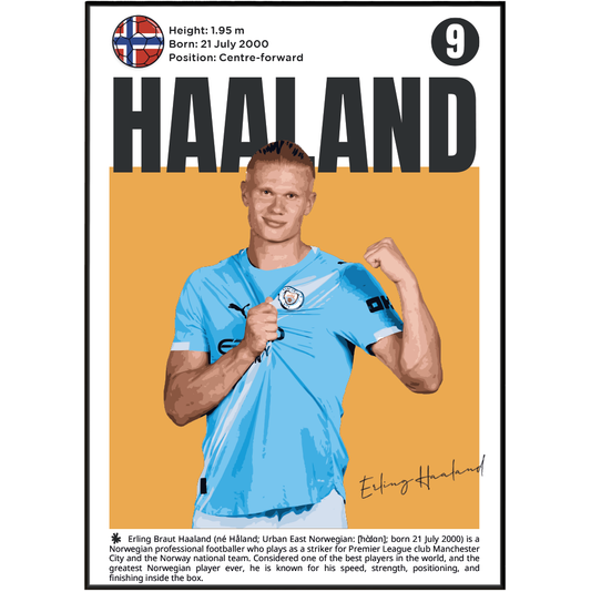 A vertical poster-style graphic featuring Erling Haaland in a light blue Manchester City jersey, with large black 'HAALAND' text, his profile photo, birth details, a round crest, and a signature. This is not a clean product shot of apparel and not a lifestyle scene; it functions as a printed graphic/poster design, so Scenery fits best because the depicted graphic itself is the product-like subject.
