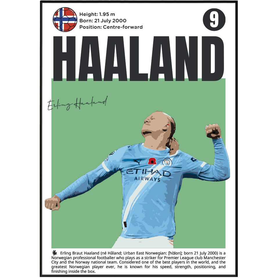 A vertical poster-style graphic featuring Erling Haaland in a light blue Manchester City football jersey, with a large black 'HAALAND' text at the top, his profile photo, height and birth details, a round crest, and a short biographical caption at the bottom on a white background.