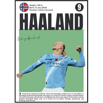 A vertical poster-style graphic featuring Erling Haaland in a light blue Manchester City football jersey, with a large black 'HAALAND' text at the top, his profile photo, height and birth details, a round crest, and a short biographical caption at the bottom on a white background.
