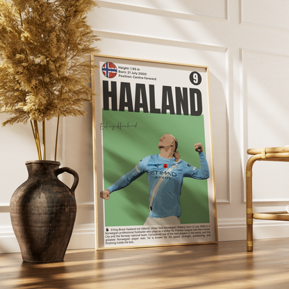 A framed sports poster of cyclist Jumbo Haaland leaning against a white paneled wall on a wooden floor, styled with a dark ceramic vase of dried grass on the left and a gold chair on the right.