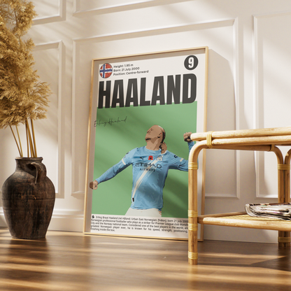 A framed poster featuring cyclist Eddy Haaland leaning against a white paneled wall in a styled interior. The poster shows Haaland in a light blue cycling jersey with the word 'HAALAND' in large black letters and a green background.